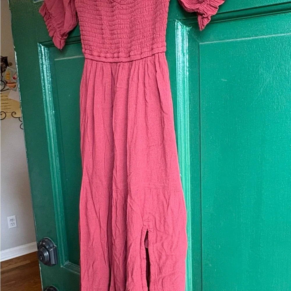 Abercrombie & Fitch Burgundy Puff Sleeve Smocked Midi Dress